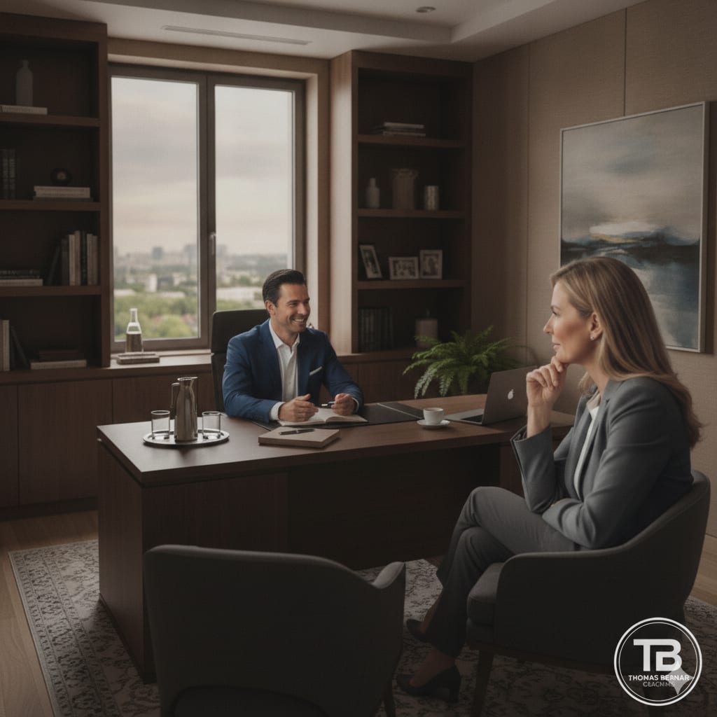 Séance de coaching individuel — coach et dirigeant en entretien face à face